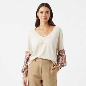 Anthropologie Tan Cream & Red Long Floral Sleeve V Neck Oversized Top M